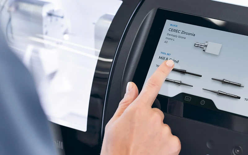 Selecting a zirconia block on the CEREC Primemill touchscreen